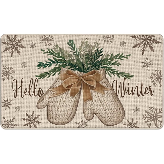 Hello Winter Mitten Decorative Front Door Mat, Pine Needle Snowflake Doormat Indoor Outdoor Non-Slip Floor Entryway Rug, Christmas Seasonal Home Kitchen Decoration 17x30 Inch