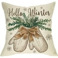 thumbnail image 1 of Hello Winter Mitten Decorative Throw Pillow Cover 16 x 16, Glove Pine Needle Snowflake Porch Outdoor Home Decor, Christmas Bow Seasonal Sofa Couch Cushion Case, 1 of 3