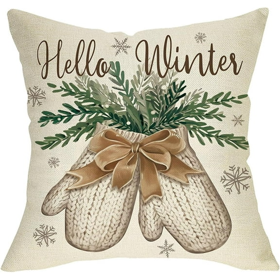 Hello Winter Mitten Decorative Throw Pillow Cover 16 x 16, Glove Pine Needle Snowflake Porch Outdoor Home Decor, Christmas Bow Seasonal Sofa Couch Cushion Case