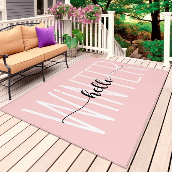 Hello Winter Outdoor Rug 5x7 Ft, Non Slip Washable Area Rug, Pink Merry Christmas Holiday Patio Rugs Carpet Runner, Large Floor Mat for Indoor/Outdoor Deck Porch Camping