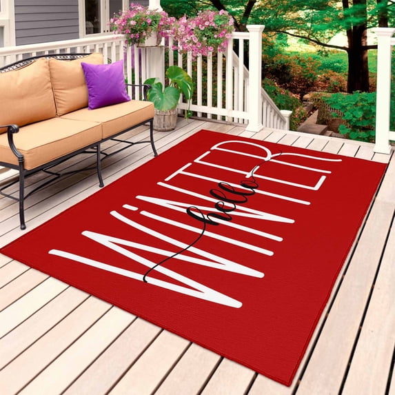 Hello Winter Outdoor Rug 5x7 Ft, Non Slip Washable Area Rug, Red Merry Christmas New Year Patio Rugs Carpet Runner, Large Floor Mat for Indoor/Outdoor Deck Porch Camping