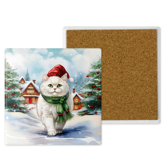Hello Winter Persian Frosty Morning Walk Welcome Snowy Christmas Set of 4 Stone Coasters Cat Lover Kitten Owner Gifts 4x4in Absorbent Soapstone Coaster - 02018