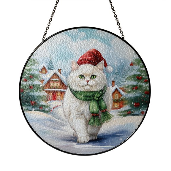 Hello Winter Persian Frosty Morning Walk Welcome Snowy Christmas Stained Glass Suncatcher Cat Lover Kitten Owner Gifts Window Hanging Sign Decor - 02018