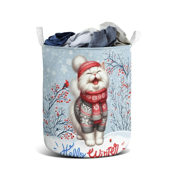 Hello Winter Persian Smiling in Red Scarf Hat Welcome Christmas Foldable Laundry Basket Cat Lover Kitten Owner Gifts Organizer Storage with Handles - 00017