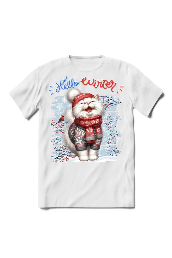 Hello Winter Persian Smiling in Red Scarf Hat Welcome Christmas Shirt T-shirt Unisex Merch Cat Lover Kitten Owner Gifts - 00017