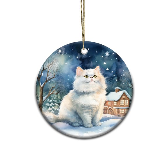 Hello Winter Persian Welcome Snowy Night Watercolor Vintage Ceramic Round Ornament Cat Lover Kitten Owner Gifts Home Tree Decor - 01011