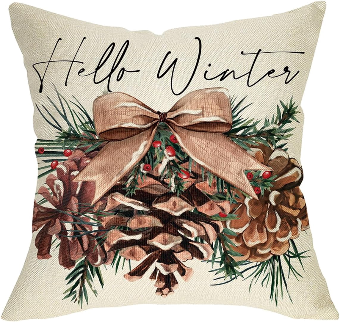 Hello Winter Pine Cone Decorative Throw Pillow Cover 20 x 20, Bow Pine ...