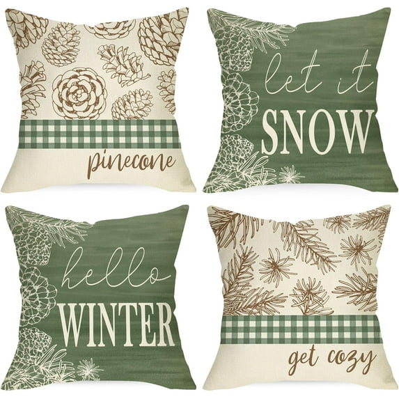 Hello Winter Pine Cone Decorative Throw Pillow Covers 18 x 18 Set of 4, Let It Snow Pine Needle Green Plaid Check Cushion Case Decor, Get Cozy Farmhouse Christmas Holiday Home Decoration