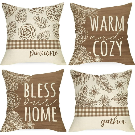 Hello Winter Pine Cone Decorative Throw Pillow Covers 18 x 18 Set of 4, Let It Snow Pine Needle Green Plaid Check Cushion Case Decor, Get Cozy Farmhouse Christmas Holiday Home Decoration