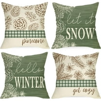 Hello Winter Pine Cone Decorative Throw Pillow Covers 20 x 20 Set of 4, Let It Snow Pine Needle Green Plaid Check Cushion Case Decor, Get Cozy Farmhouse Christmas Holiday Home Decoration
