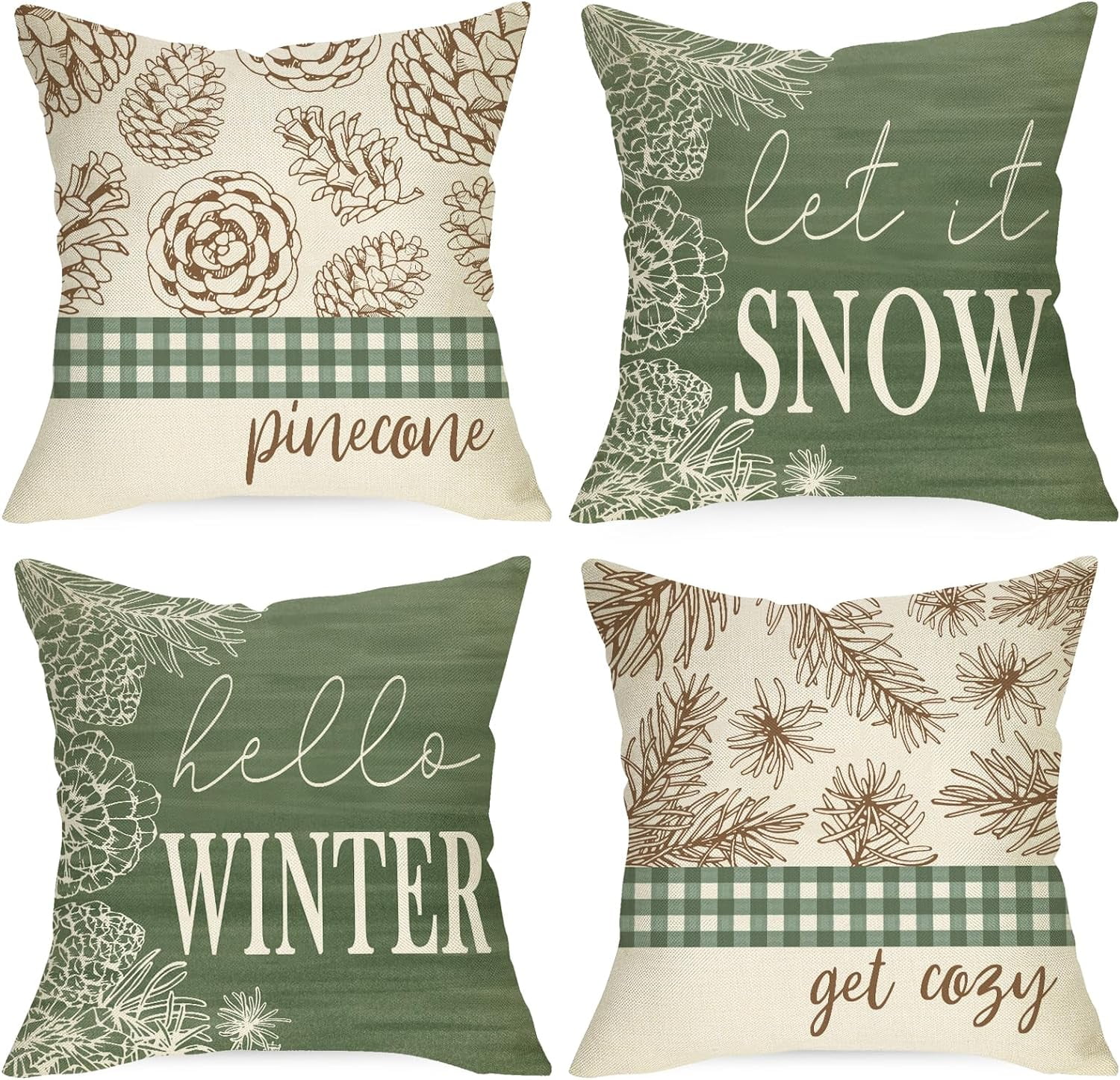 Hello Winter Pine Cone Decorative Throw Pillow Covers 20x20 Set of 4 ...