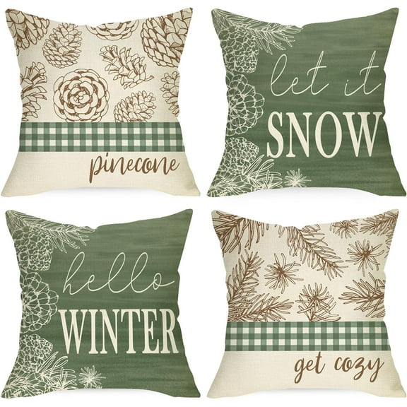 Hello Winter Pine Cone Decorative Throw Pillow Covers 20x20 Set of 4, Let It Snow Pine Leaves Green Buffalo Plaid Check Cushion Case Decor,Get Cozy Farmhouse Christmas Holiday Home Decoration PC