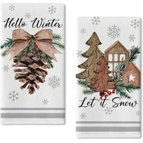 Hello Winter Pine Cone Kitchen Dish Towels Set of 2, Let It Snow Christmas Tree Red Berry Bow Hand Towels Drying Baking Cooking Cloth, Snowflake Farmhouse Holiday Home Kitchen Decor 18x26 Inch