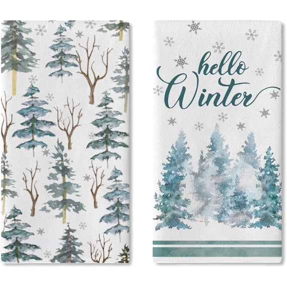 Hello Winter Pine Tree Kitchen Dish Towels Set of 2, Watercolor Forest Snowflake Drying Hand Towel Baking Cooking Cloth, Farmhouse Rustic Christmas Woodland Bathroom Home Decoration 18'''' x 26''''