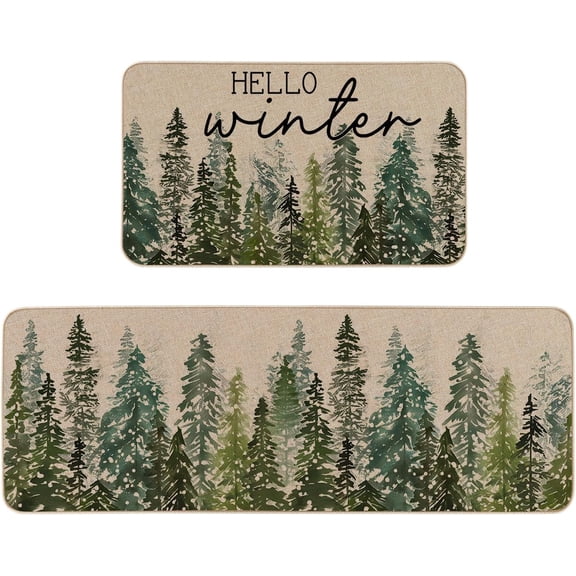 Hello Winter Pine Trees Welcome Christmas Kitchen Rugs Set of 2, Seasonal Winter Xmas Home Decor Low-Profile Kitchen Mats for Floor - 17x29 and 17x47 Inch