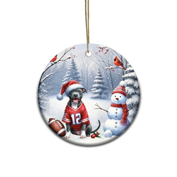Hello Winter Pitbull Football Snowman Welcome Snowy Morning Ceramic Round Ornament Terrier Dog Lover Home Tree Decor - 01012