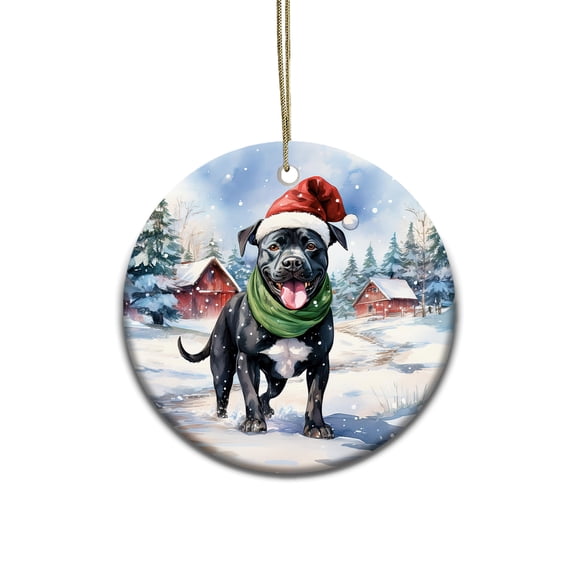 Hello Winter Pitbull Frosty Morning Walk Welcome Snowy Christmas Ceramic Round Ornament Terrier Dog Lover Home Tree Decor - 02018