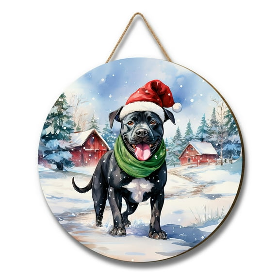 Hello Winter Pitbull Frosty Morning Walk Welcome Snowy Christmas Round Wood Sign Terrier Dog Lover Hanging Wall Home Decor - 02018