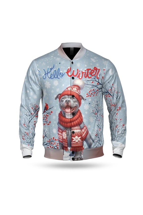 Hello Winter Pitbull Smiling in Red Scarf Hat Welcome Christmas All Over Print 3D Baseball Jacket Terrier Dog Lover Bomber Jacket Softball - 00017