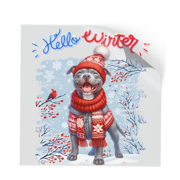 Hello Winter Pitbull Smiling in Red Scarf Hat Welcome Christmas Cutout Transfer Sticker Terrier Dog Lover Transparent Decal Art Decor - 00017