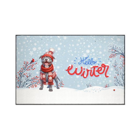 Hello Winter Pitbull Smiling in Red Scarf Hat Welcome Christmas Indoor Rug Terrier Dog Lover Carpet Living Bed Room Sofa Home Decor - 00017
