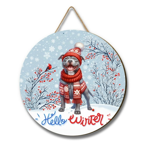 Hello Winter Pitbull Smiling in Red Scarf Hat Welcome Christmas Round Wood Sign Terrier Dog Lover Hanging Wall Home Decor - 00017