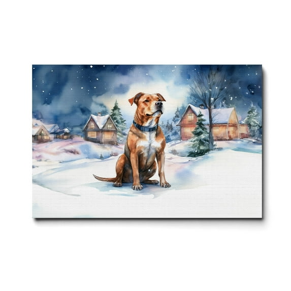 Hello Winter Pitbull Welcome Snowy Night Watercolor Vintage Horizontal Matte Canvas Poster Terrier Dog Lover Wall Art Home Decor - 01011