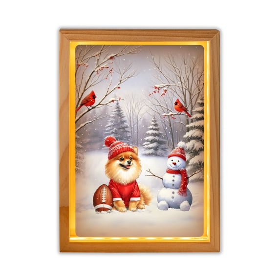 Hello Winter Pomeranian Football Snowman Welcome Snowy Morning Acrylic Plaque with Wood Photo Frame Box Pom Dog Lover Gifts Light Box - 01012