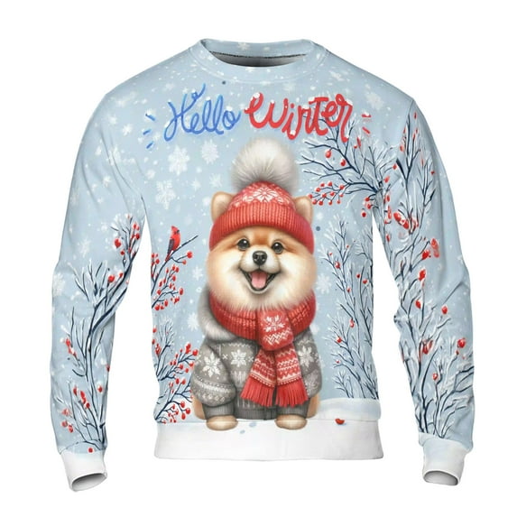 Hello Winter Pomeranian Smiling in Red Scarf Hat Welcome Christmas All Over Print 3D Sweatshirt Unisex Merch Pom Dog Lover Gifts - 00017