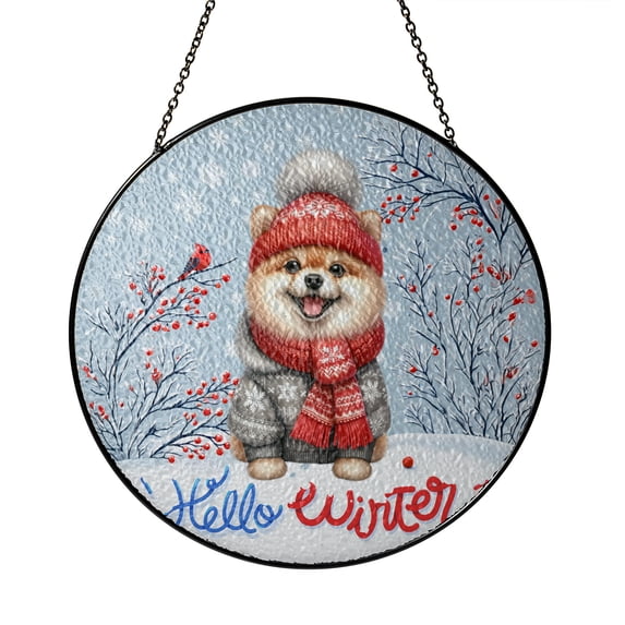 Hello Winter Pomeranian Smiling in Red Scarf Hat Welcome Christmas Stained Glass Suncatcher Pom Dog Lover Gifts Window Hanging Sign Decor - 00017