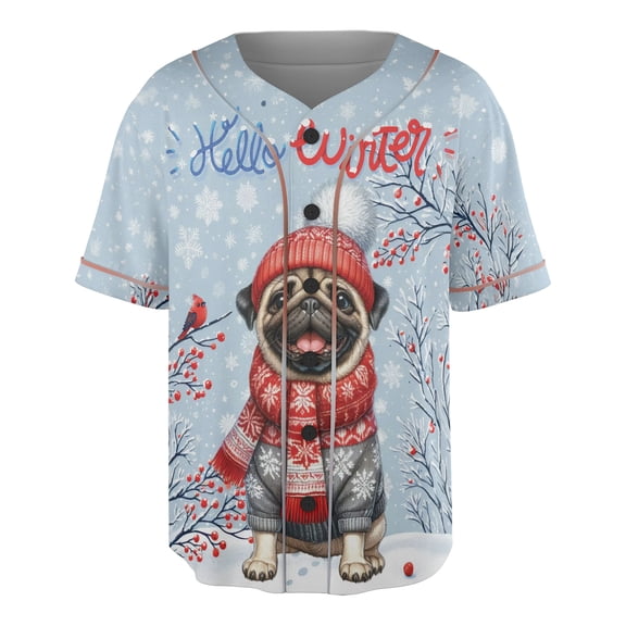 Hello Winter Pug Smiling in Red Scarf Hat Welcome Christmas All Over Print 3D Baseball Shirt Dog Lover Gifts Softball Sport - 00017