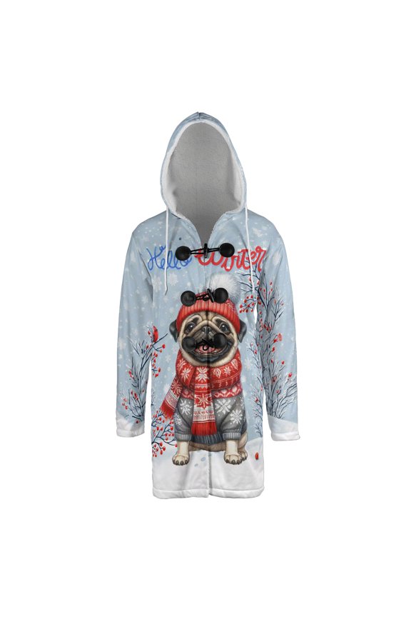 Hello Winter Pug Smiling in Red Scarf Hat Welcome Christmas All Over Print 3D Hooded Duffle Toggle Coat Dog Lover Gifts - 00017