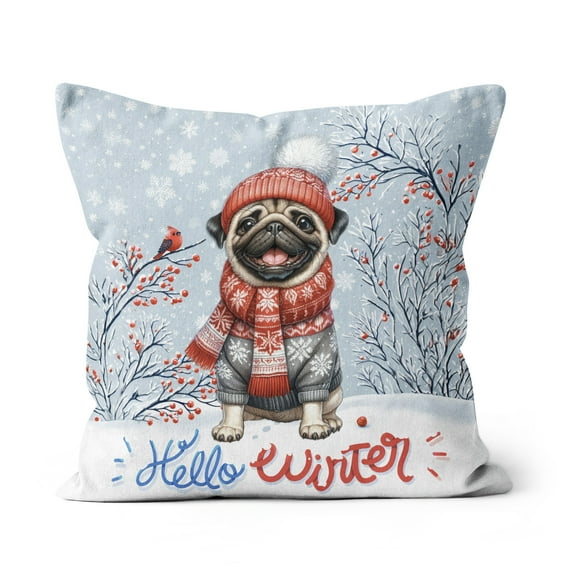 Hello Winter Pug Smiling in Red Scarf Hat Welcome Christmas Pillow Cushion Double Sided Dog Lover Gifts Throw Pillow - 00017