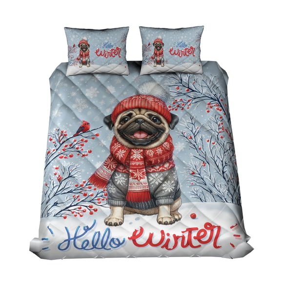 Hello Winter Pug Smiling in Red Scarf Hat Welcome Christmas Quilt Bedding Set Dog Lover Gifts 1 Blanket Bed Cover 2 Pillowcases - 00017
