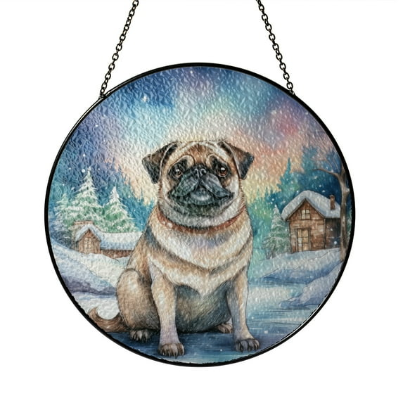 Hello Winter Pug Welcome Snowy Night Watercolor Vintage Stained Glass Suncatcher Dog Lover Gifts Window Hanging Sign Decor - 01011