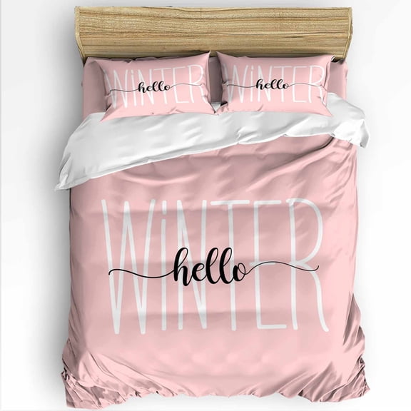 Hello Winter Queen Size Comforter Set, Pink White Letter Retro Art Simple Decor Soft Bedding for All Seasons, 4 Pcs Bed Set with 1Comforter (90"x92") ,1 Sheet(94"x116"), 2 Pillowcases (19"x29")