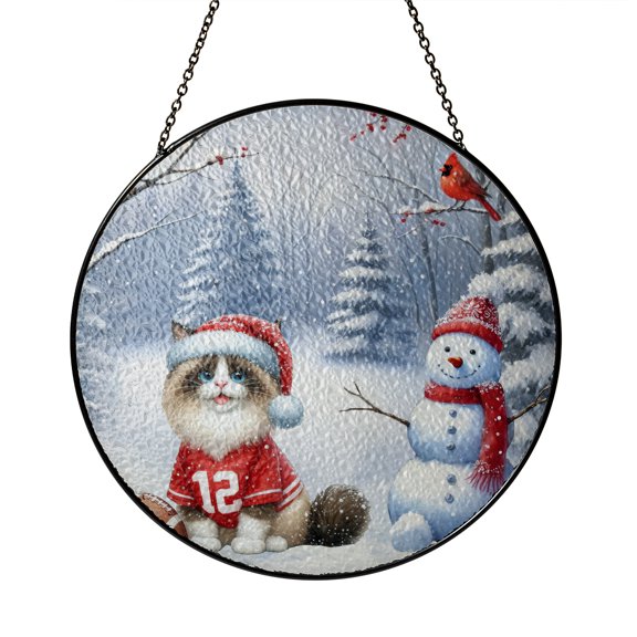 Hello Winter Ragdoll Football Snowman Welcome Snowy Morning Stained Glass Suncatcher Cat Lover Kitten Owner Gifts Idea Window Hanging Sign Decor - 01012