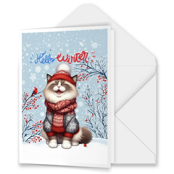 Hello Winter Ragdoll Smiling in Red Scarf Hat Welcome Christmas 5x7in Folded Greeting Card Cat Lover Kitten Owner Gifts Idea Single Note Card with Envelope - 00017