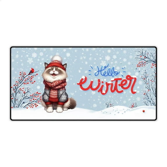 Hello Winter Ragdoll Smiling in Red Scarf Hat Welcome Christmas Desk Mat Full Keyboard Mouse Pad Cat Lover Kitten Owner Gifts Idea Large Mousepad - 00017