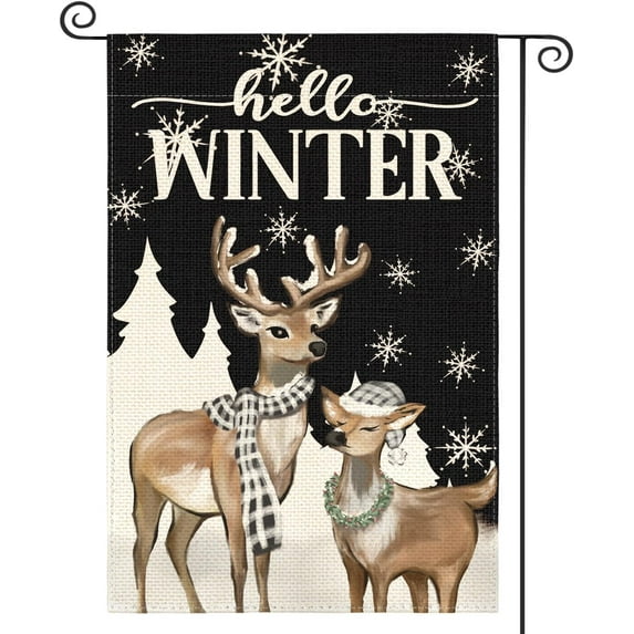 Hello Winter Reindeer Snowflake Garden Flag 12x18 Inch Double Sided Outside, Winter Rustic Seasonal Yard Outdoor Decorative Flag Black