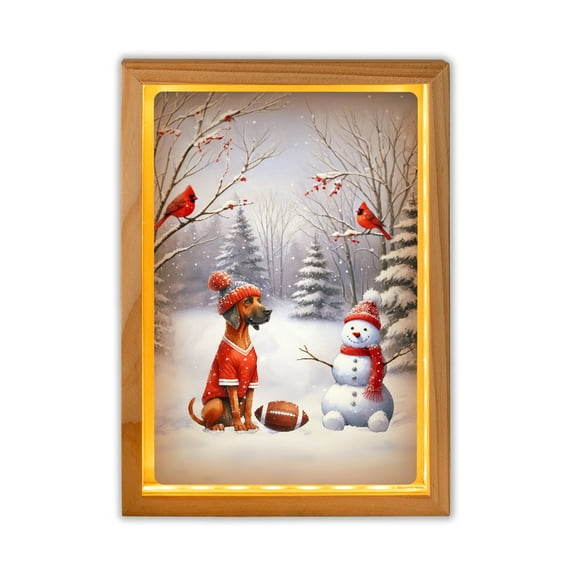 Hello Winter Rhodesian Ridgeback Football Snowman Welcome Snowy Morning Acrylic Plaque with Wood Photo Frame Box Ridgebacks Dog Lover Gifts Light Box - 01012