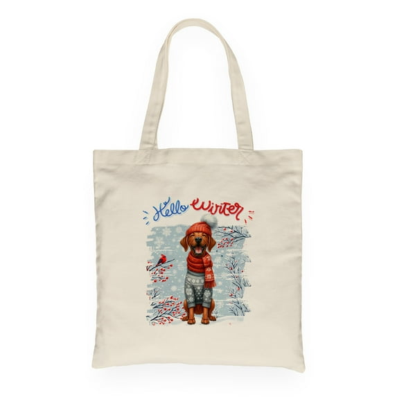Hello Winter Rhodesian Ridgeback Smiling in Red Scarf Hat Welcome Christmas Canvas Tote Bag Ridgebacks Dog Lover Gifts Reusable Shopping Grocery Bag - 00017