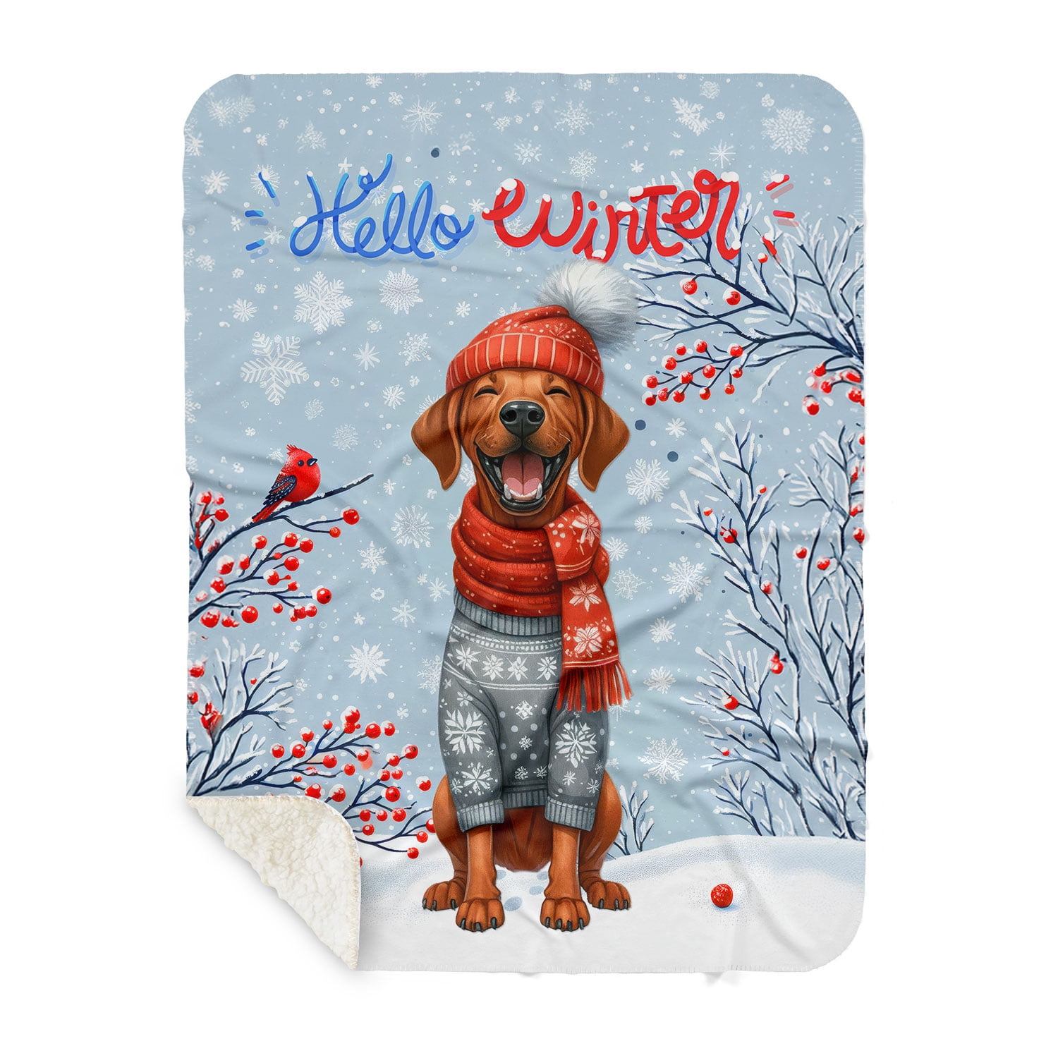 Hello Winter Rhodesian Ridgeback Smiling in Red Scarf Hat Welcome ...