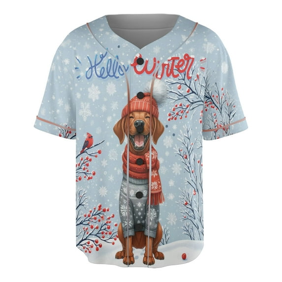 Hello Winter Rhodesian Ridgeback Smiling in Red Scarf Hat Welcome Christmas All Over Print 3D Baseball Shirt Ridgebacks Dog Lover Gifts Softball Sport - 00017