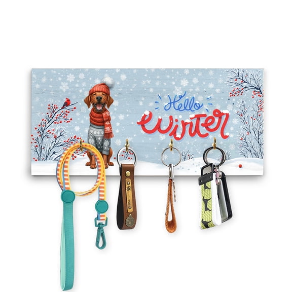 Hello Winter Rhodesian Ridgeback Smiling in Red Scarf Hat Welcome Christmas Wood Key Holder Ridgebacks Dog Lover Gifts Wall-mounted Key Rack Home Decor - 00017