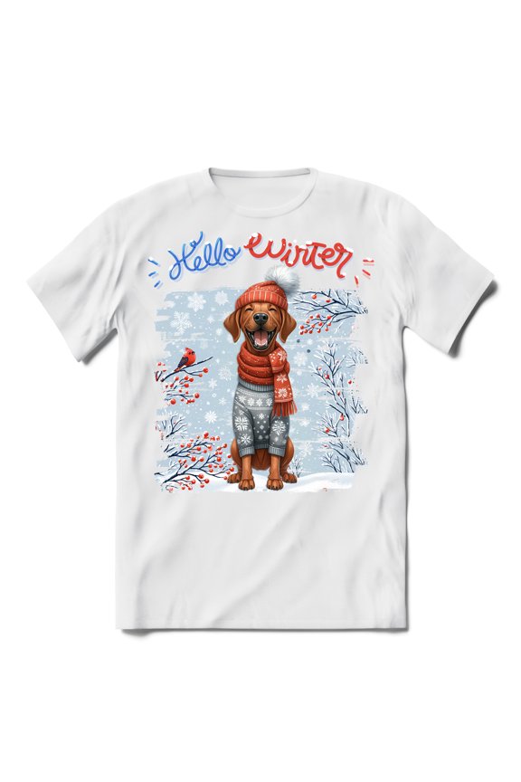 Hello Winter Rhodesian Ridgeback Smiling in Red Scarf Hat Welcome Christmas Shirt T-shirt Unisex Merch Ridgebacks Dog Lover Gifts - 00017