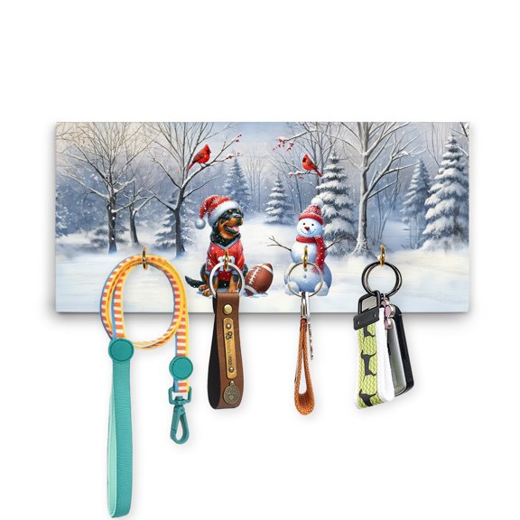Hello Winter Rottweiler Football Snowman Welcome Snowy Morning Wood Key Holder Rottie Dog Lover Gifts Idea Wall-mounted Key Rack Home Decor - 01012