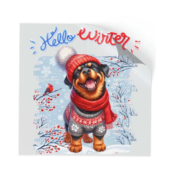 Hello Winter Rottweiler Smiling in Red Scarf Hat Welcome Christmas Cutout Transfer Sticker Rottie Dog Lover Gifts Idea Transparent Decal Art Decor - 00017