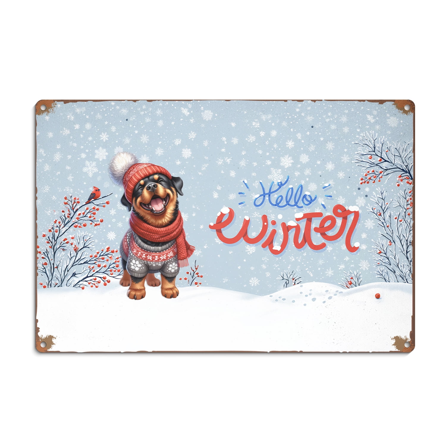 Hello Winter Rottweiler Smiling in Red Scarf Hat Welcome Christmas ...