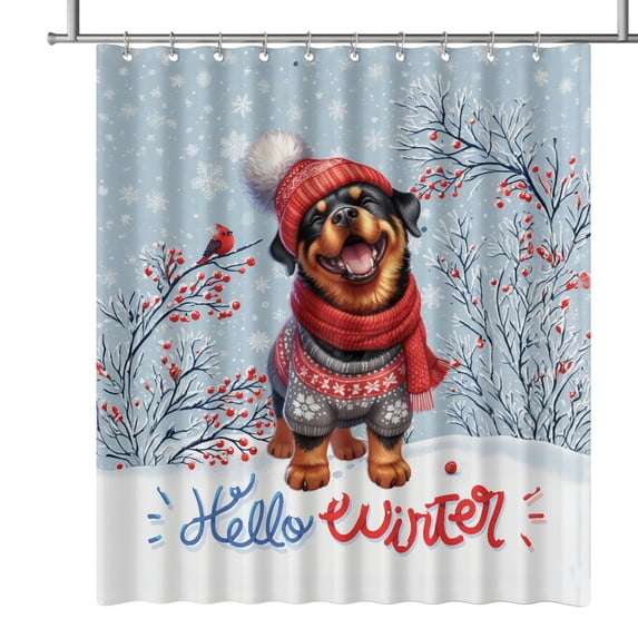 Hello Winter Rottweiler Smiling in Red Scarf Hat Welcome Christmas Shower Curtain Rottie Dog Lover Gifts Idea Waterproof Bathroom Bathtub Curtain - 00017